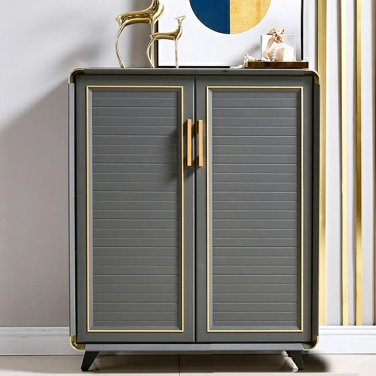 Luxury Grey Metal Entryway Shoe Cabinet with Gold Trim