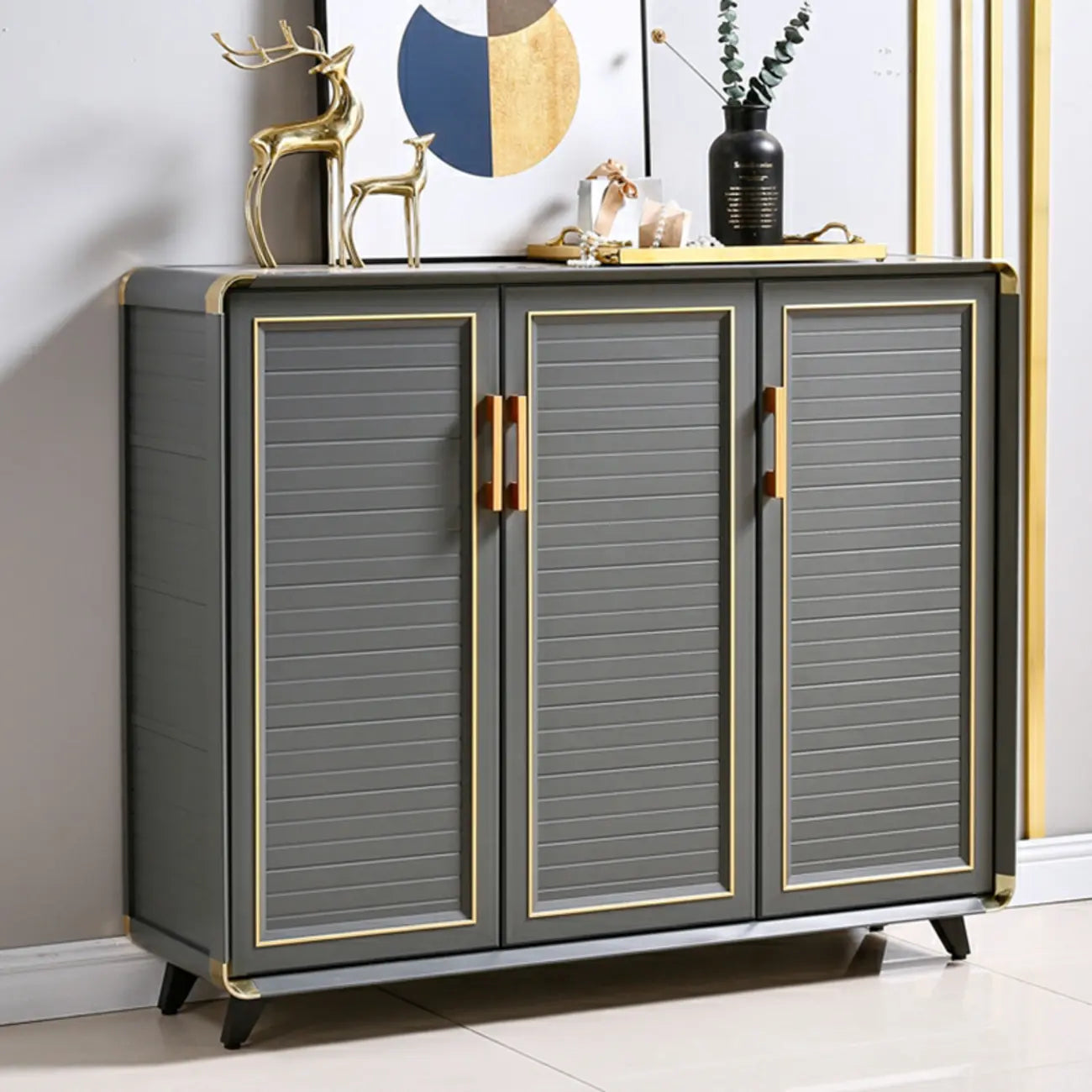 Luxury Grey Metal Entryway Shoe Cabinet with Gold Trim