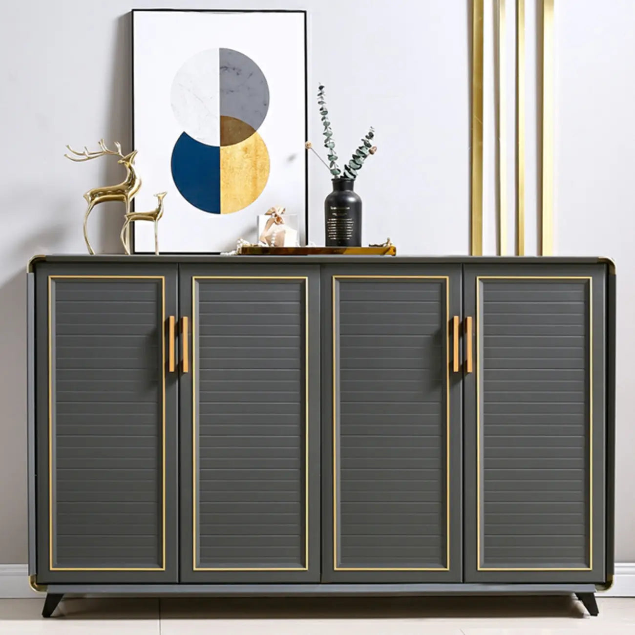 Luxury Grey Metal Entryway Shoe Cabinet with Gold Trim
