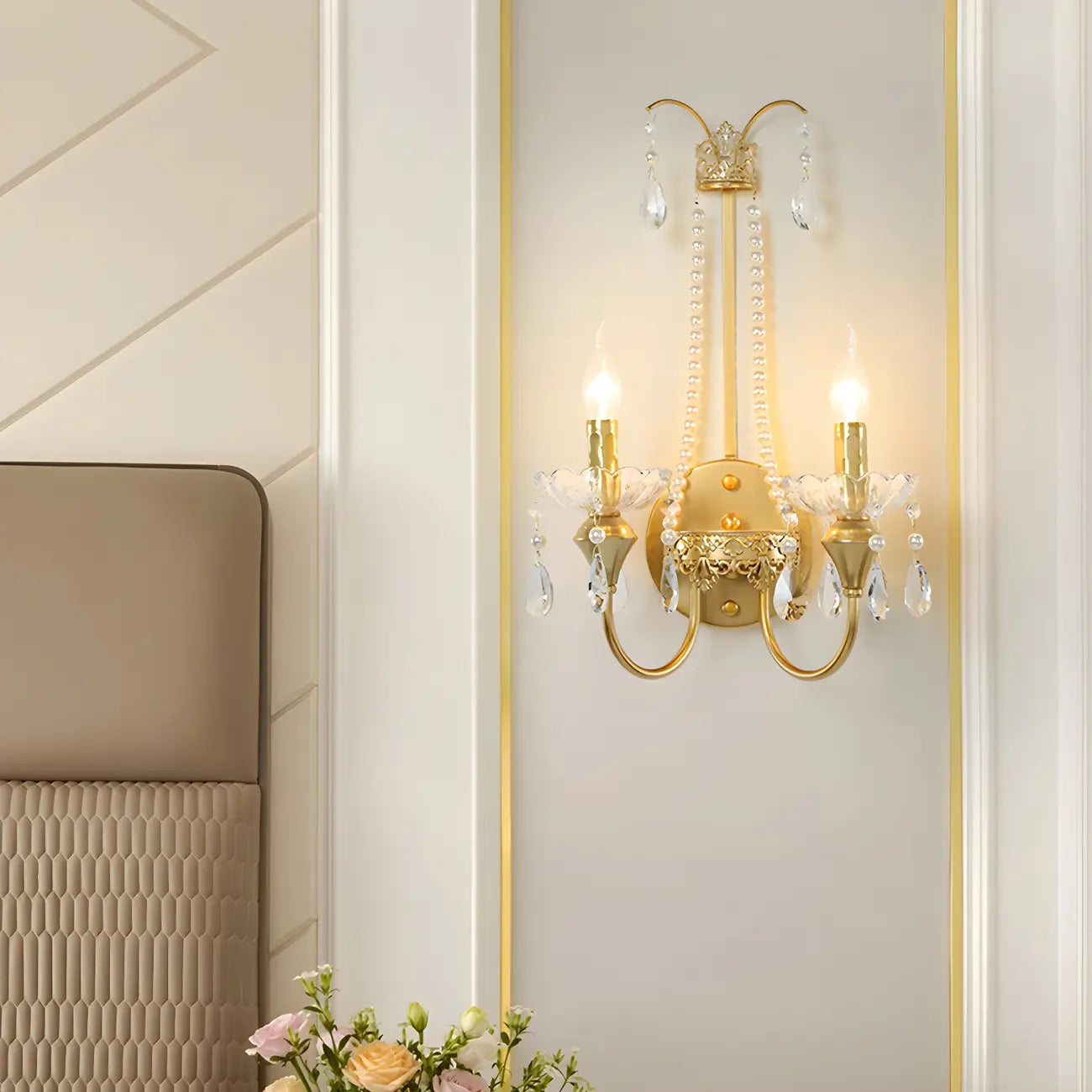 Vintage Gold Hanging Crystal Wall Sconce