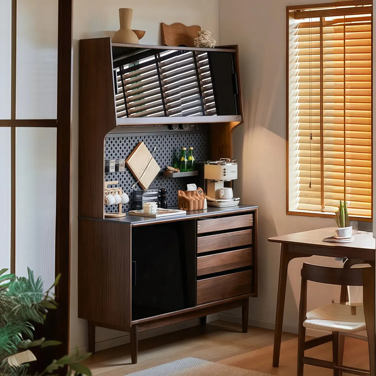 Trendy Wood Brown Slatted Doors Sideboard Pegboard Back