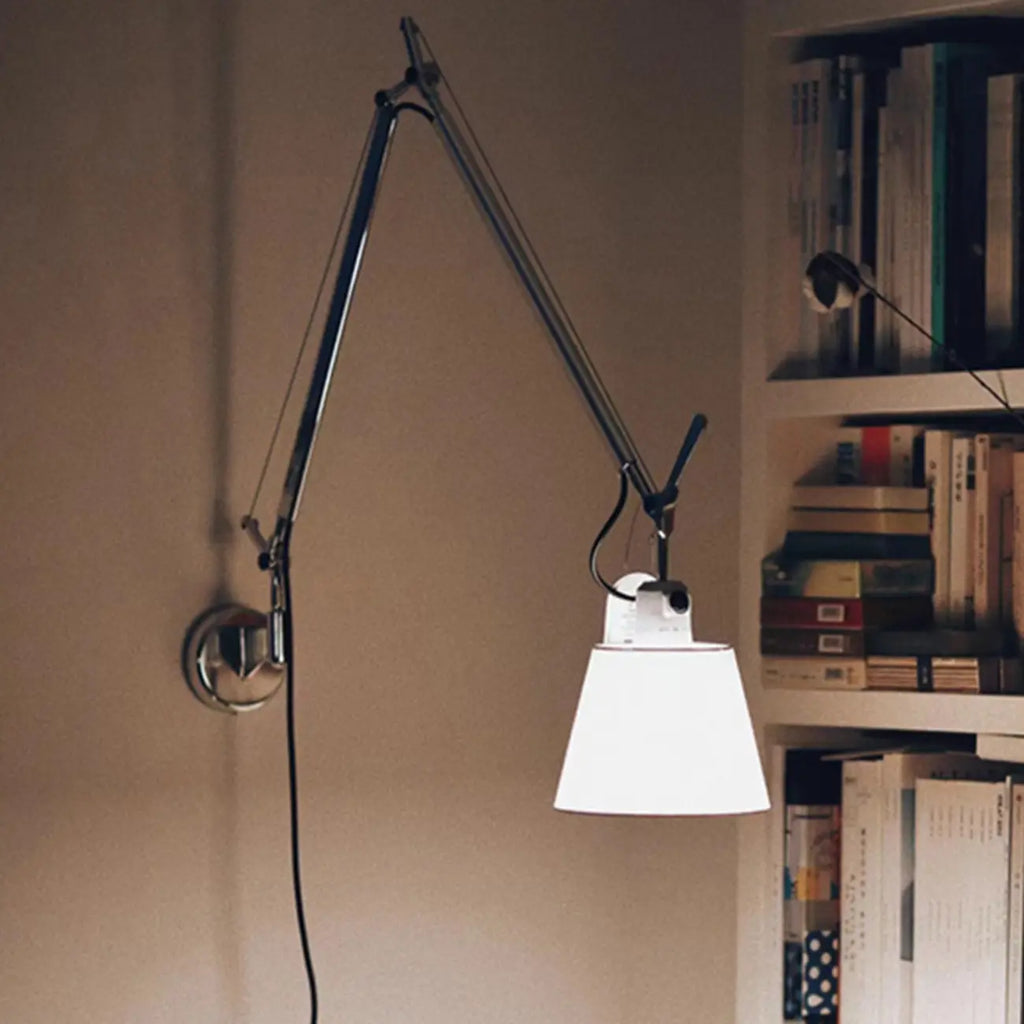 Modern Silver Swing Arm Wall Light with White Fabric Shade