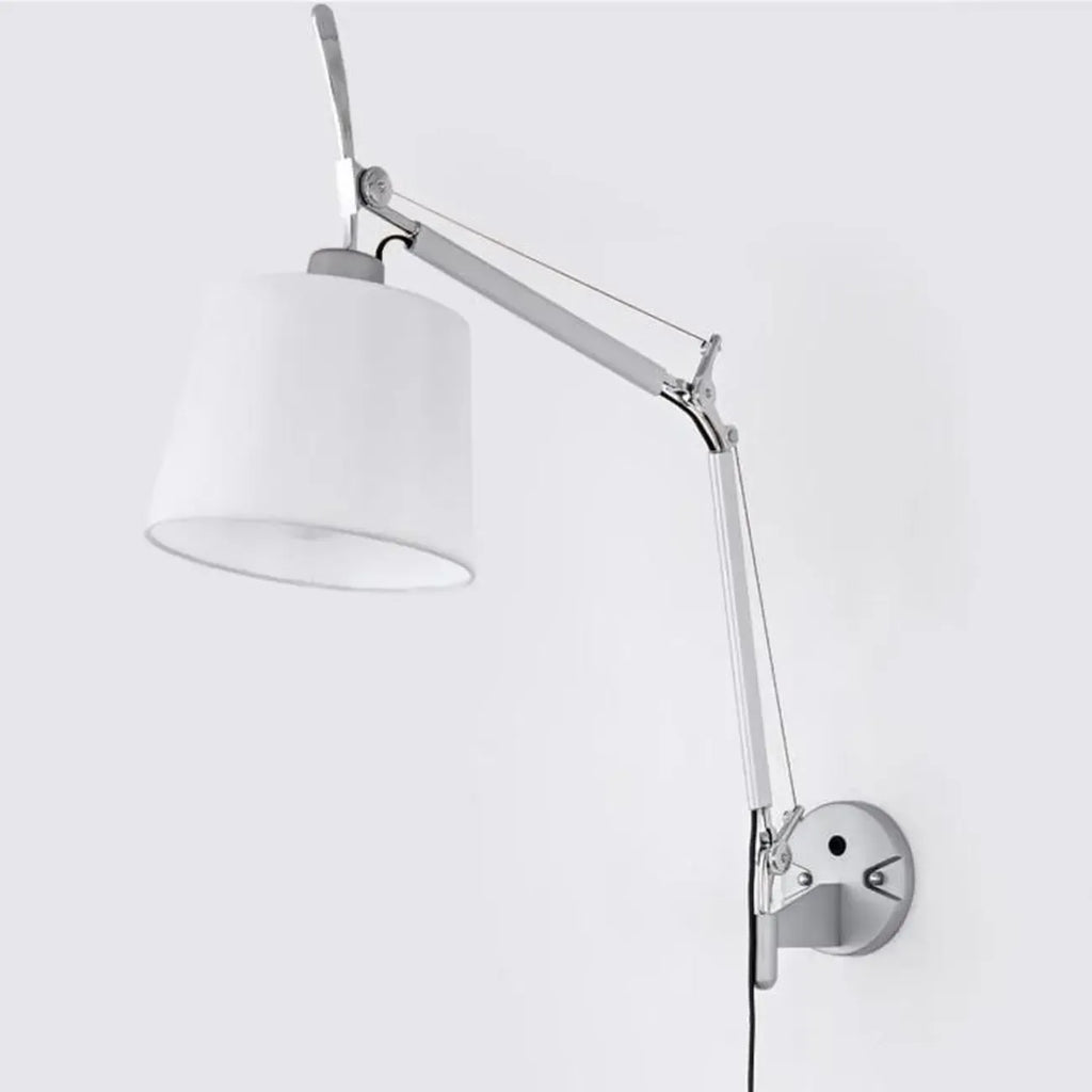 Modern Silver Swing Arm Wall Light with White Fabric Shade