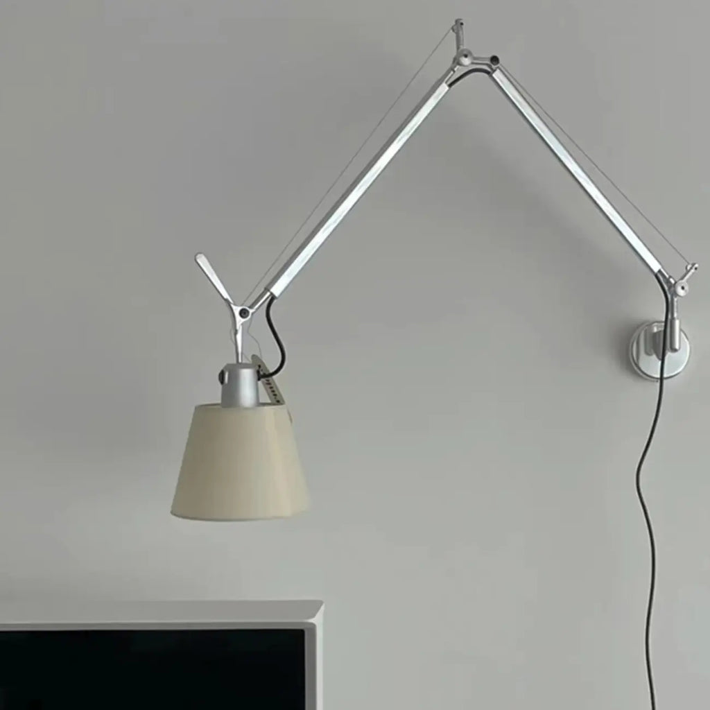 Modern Silver Swing Arm Wall Light with White Fabric Shade