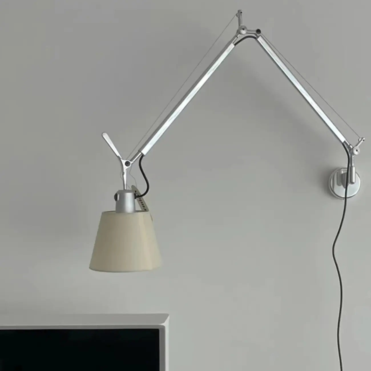 Modern Silver Swing Arm Wall Light with White Fabric Shade