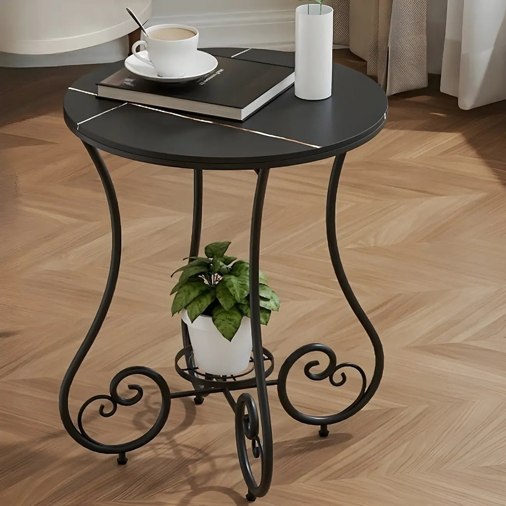 Modern Gloss Finish Steel Marble-Top Round Side Table