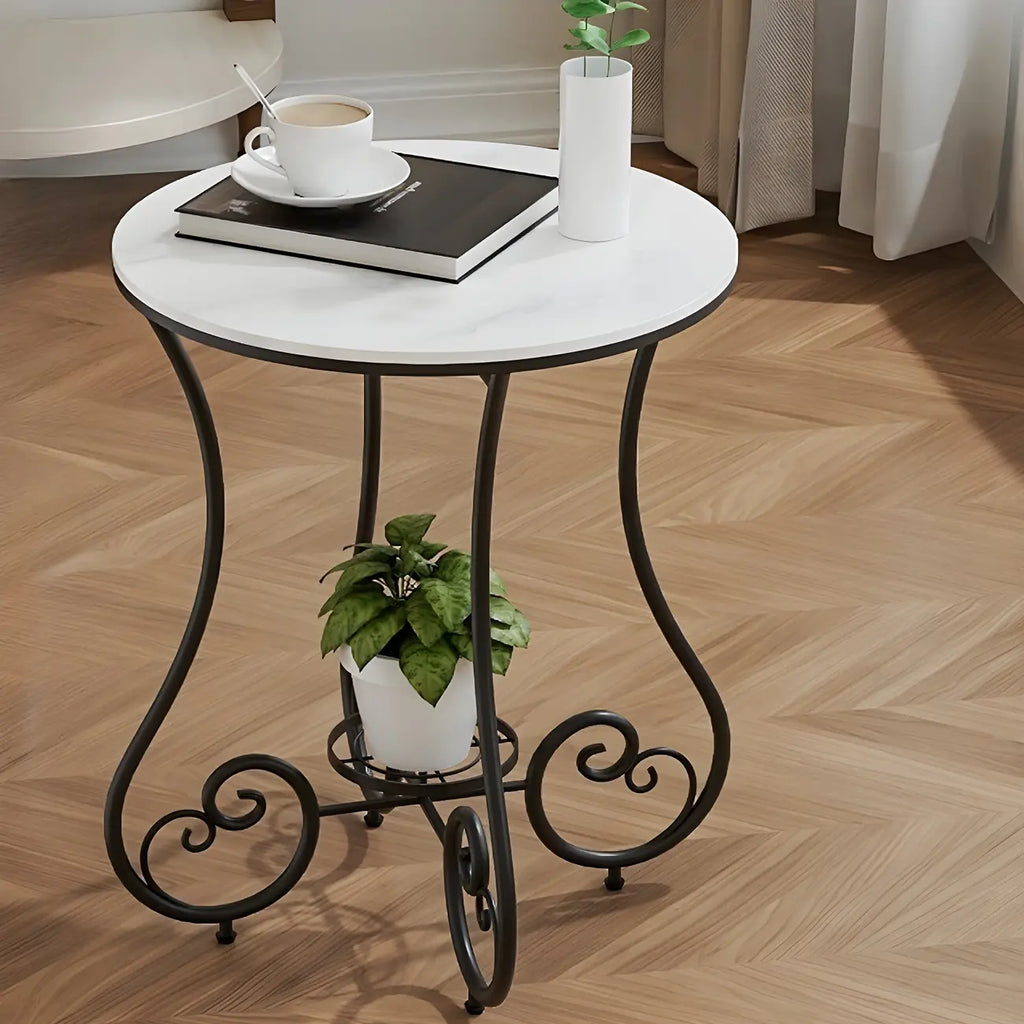 Modern Gloss Finish Steel Marble-Top Round Side Table