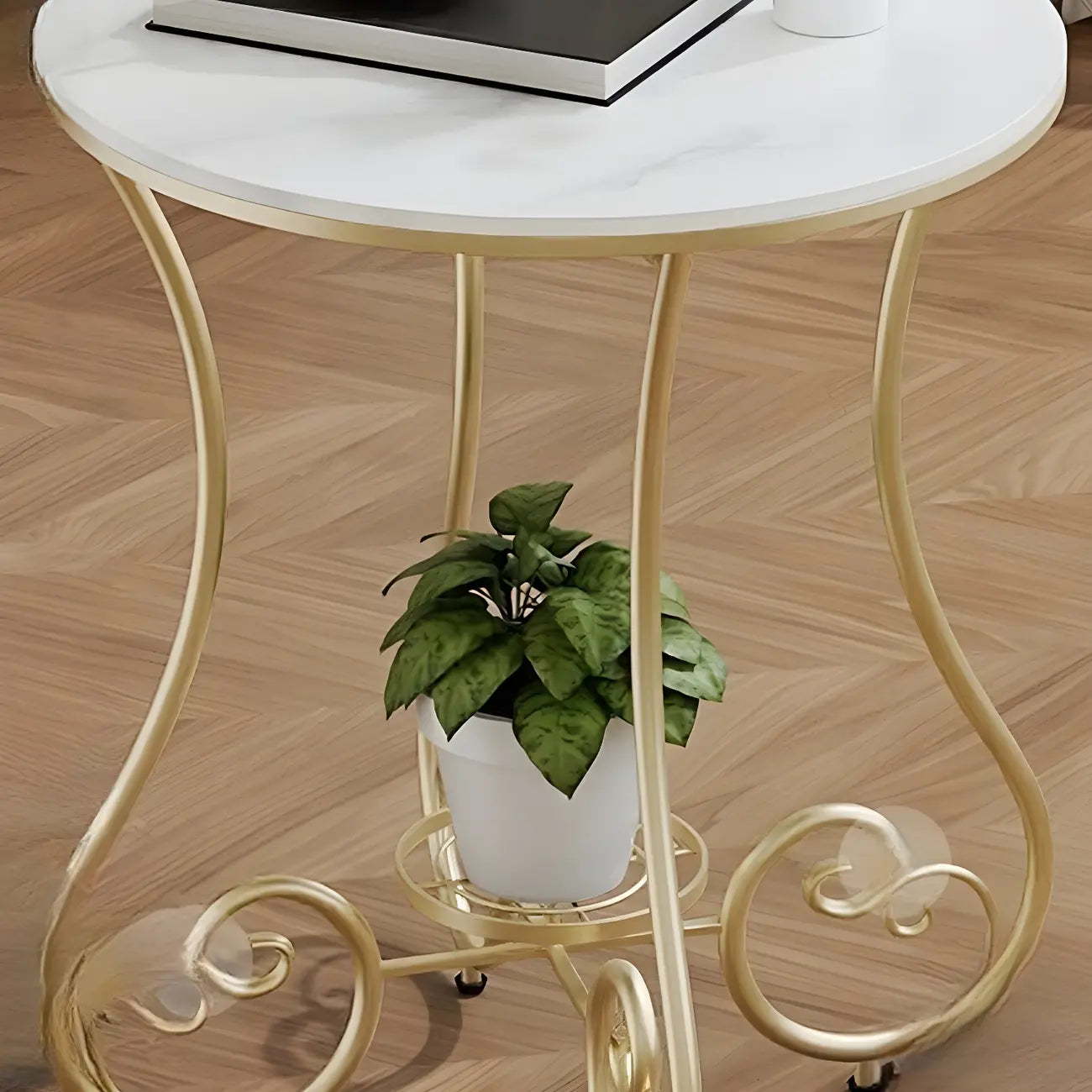 Modern Gloss Finish Steel Marble-Top Round Side Table
