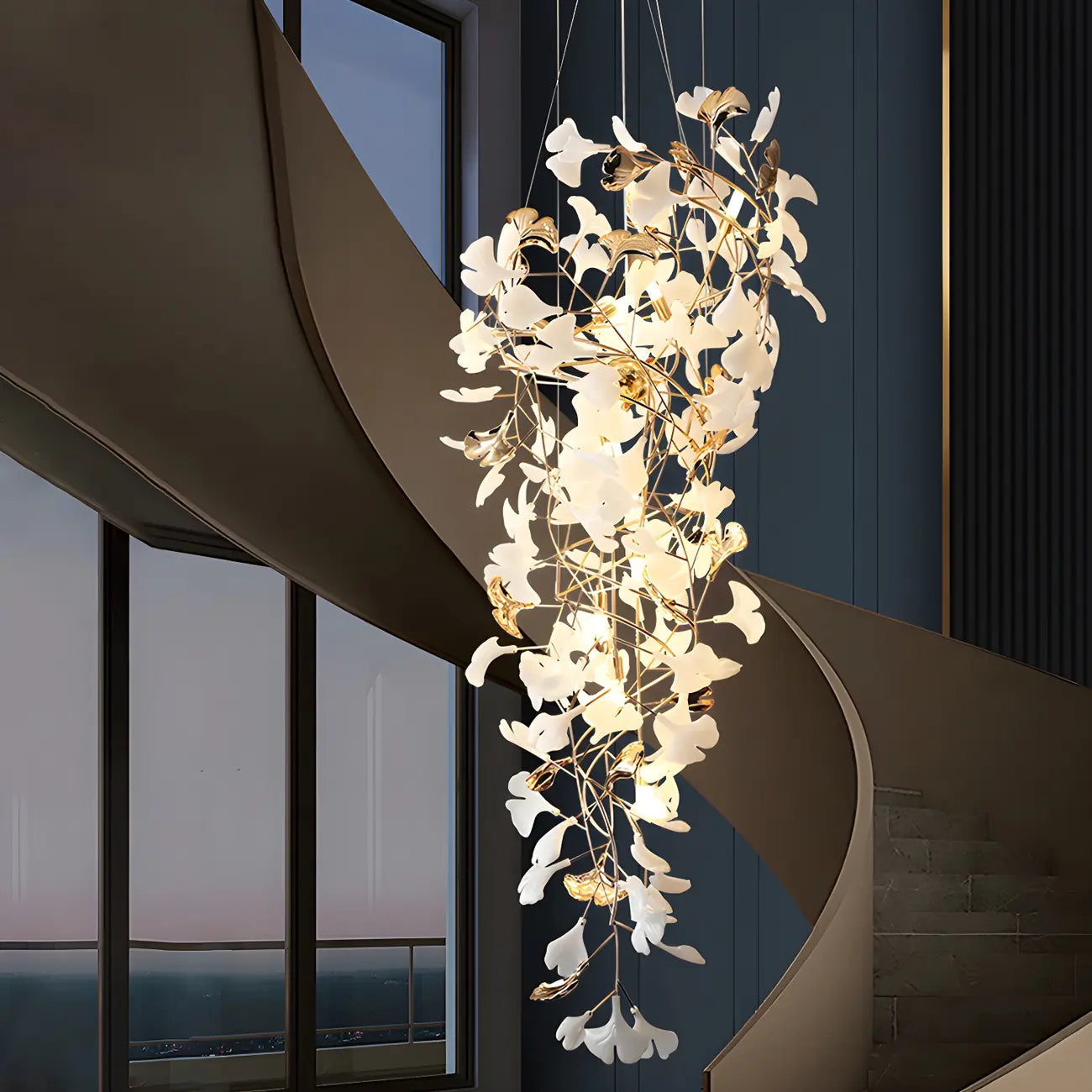 Elegant White Ginkgo Leaf Golden Stairwell Chandelier