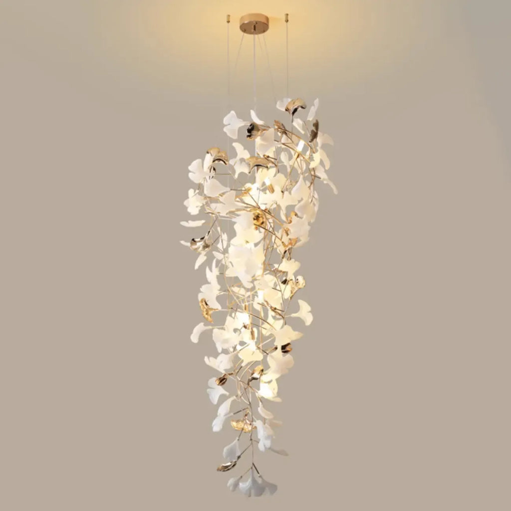 Elegant White Ginkgo Leaf Golden Stairwell Chandelier