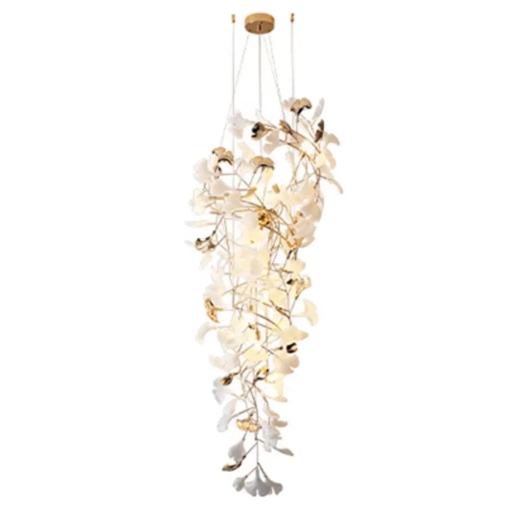 Elegant White Ginkgo Leaf Golden Stairwell Chandelier