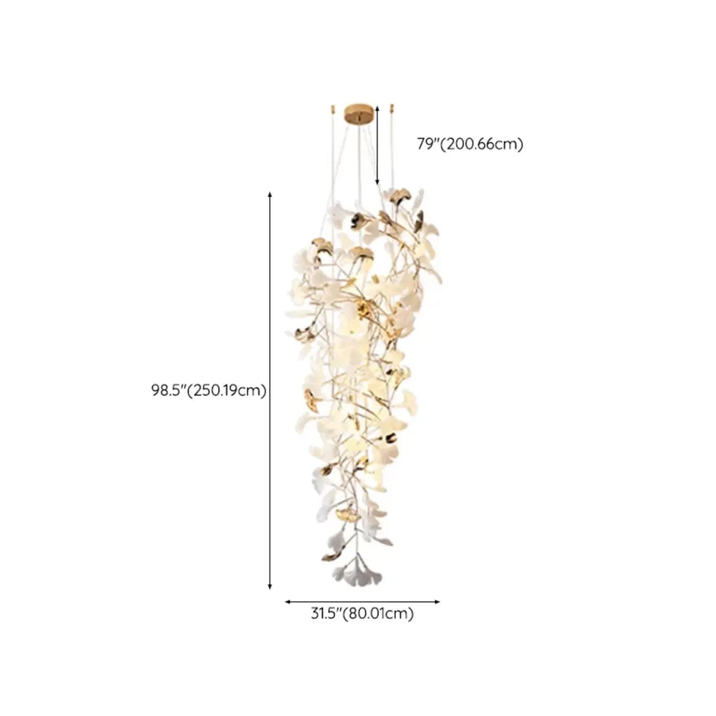 Elegant White Ginkgo Leaf Golden Stairwell Chandelier