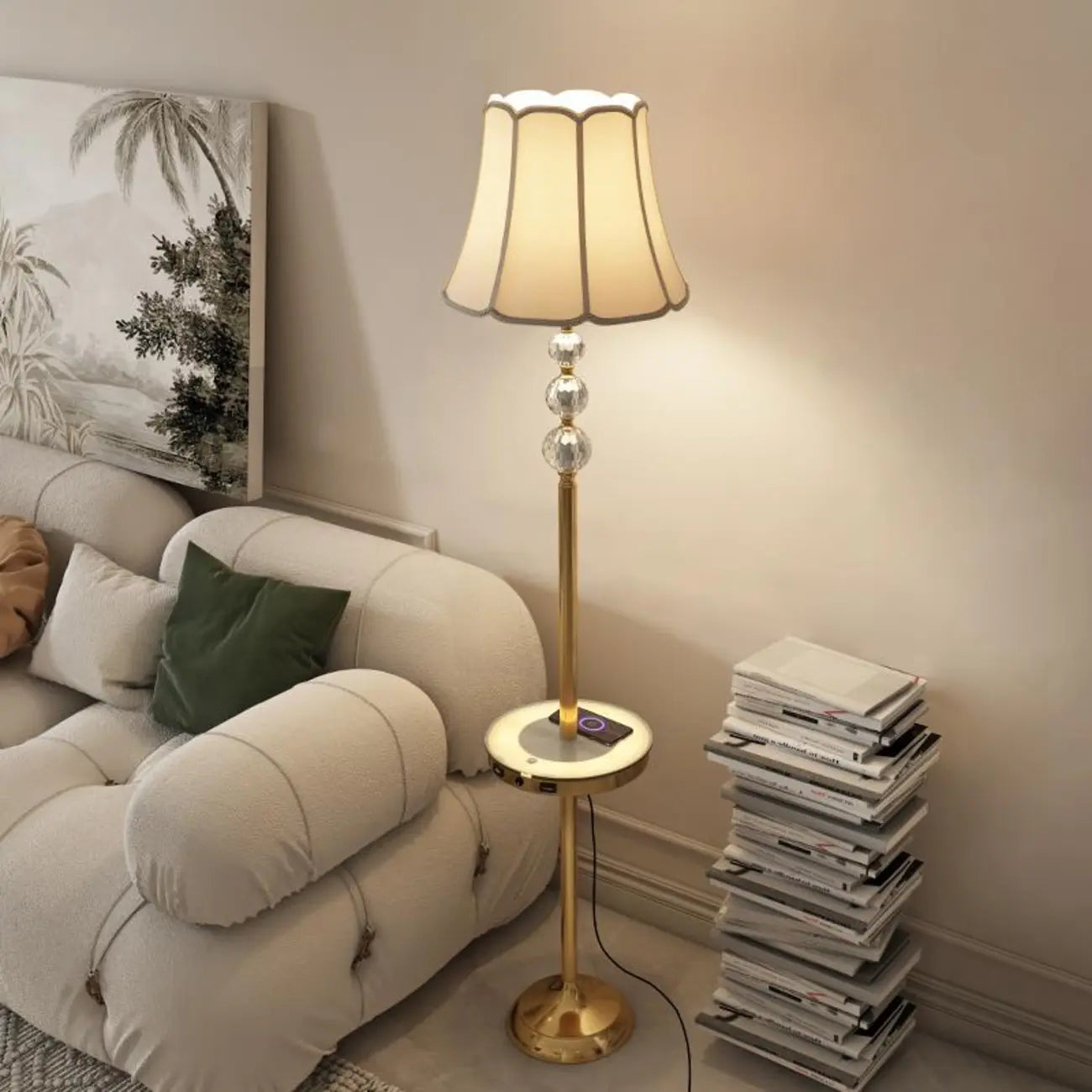 Modern Gold LED Floor Lamp with Round Shelf for Living Room