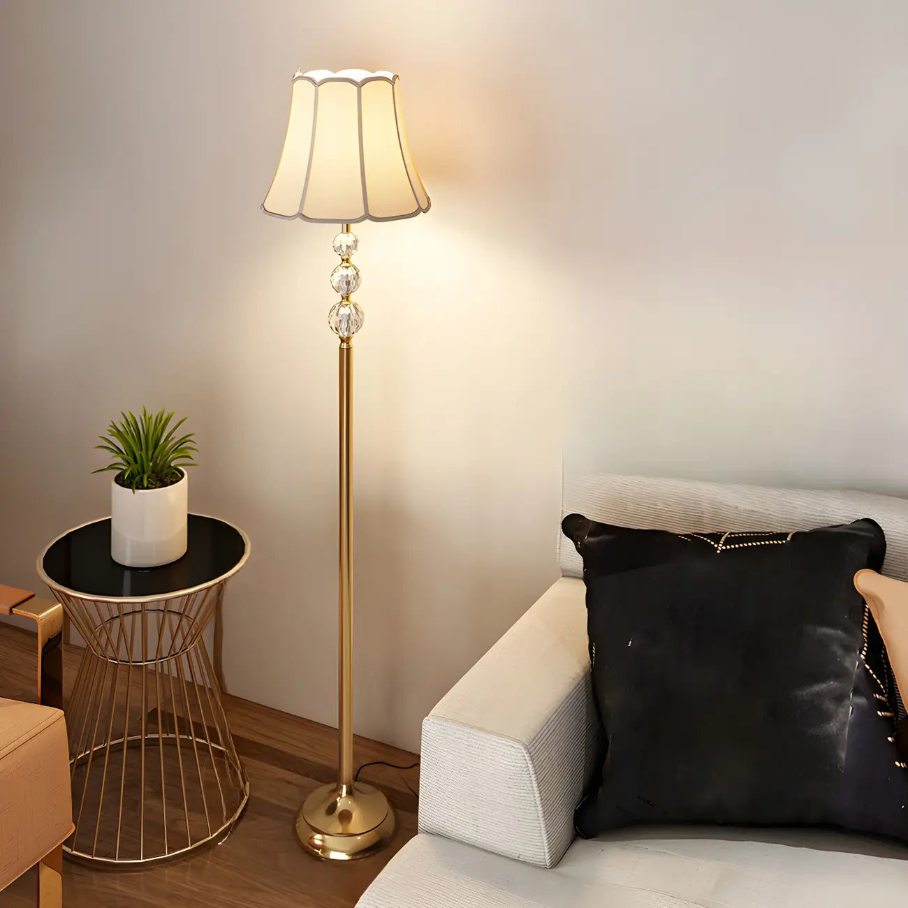 Modern Gold LED Floor Lamp with Round Shelf for Living Room