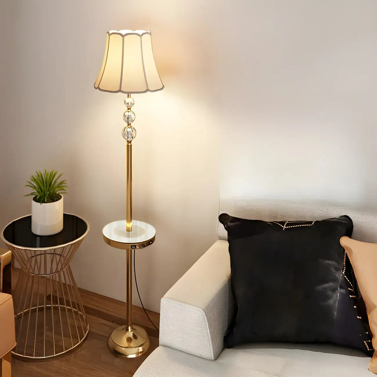 Modern Gold LED Floor Lamp with Round Shelf for Living Room