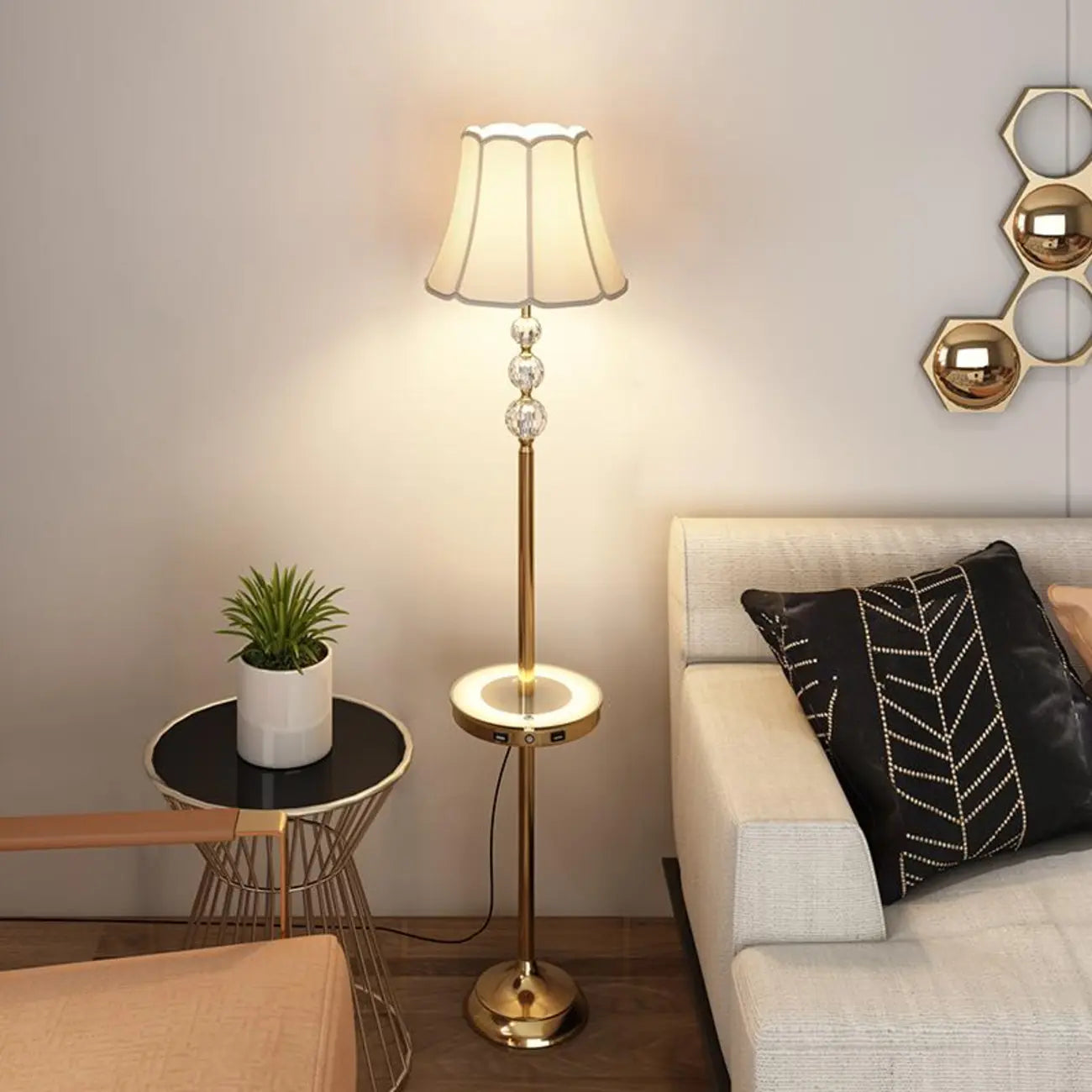 Modern Gold LED Floor Lamp with Round Shelf for Living Room