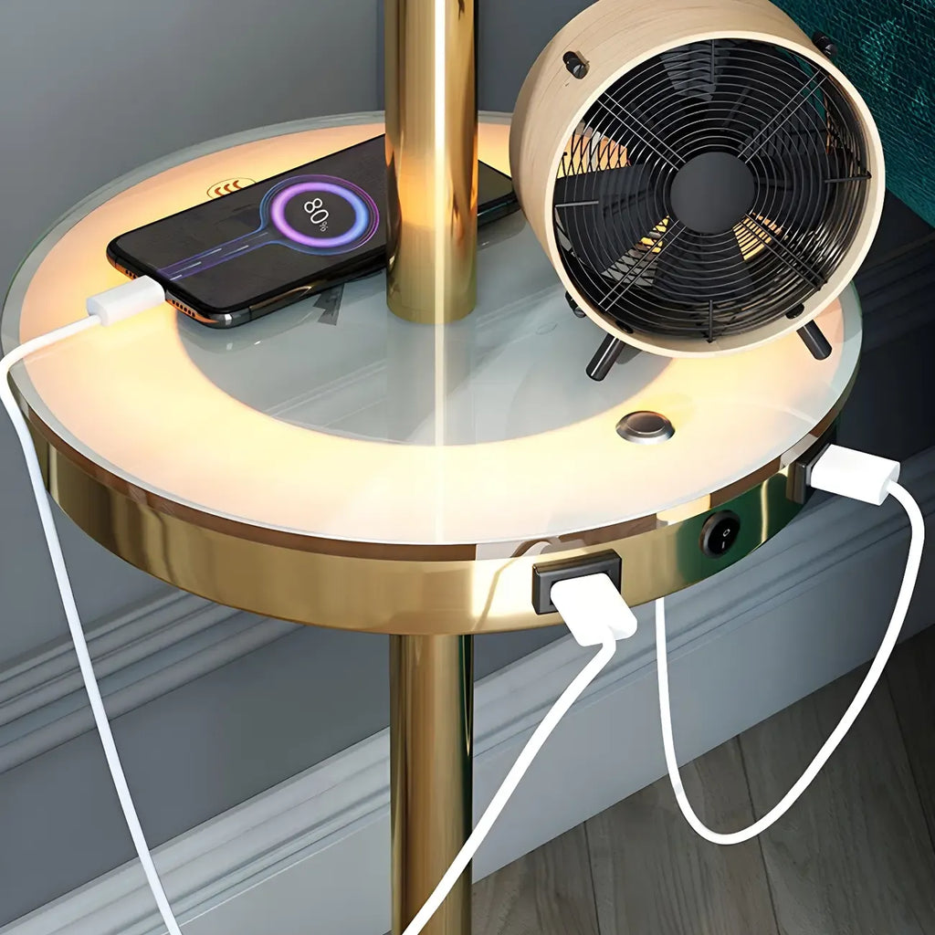 Modern Gold LED Floor Lamp with Round Shelf for Living Room