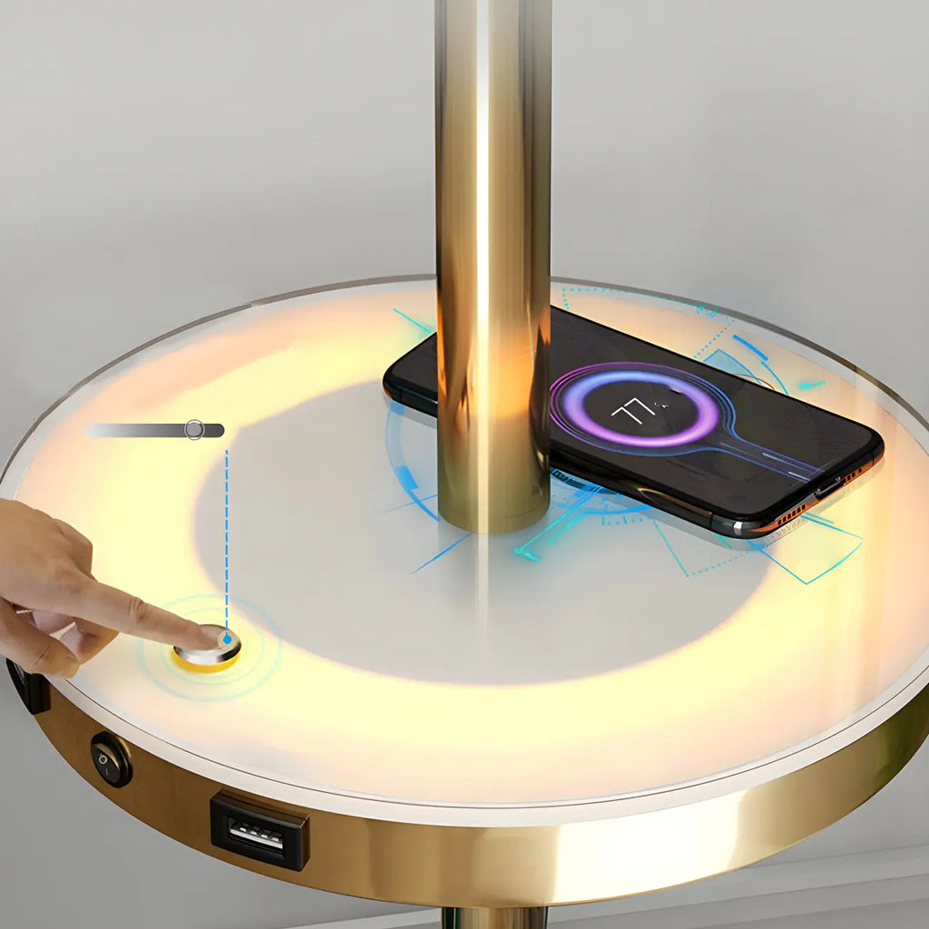 Modern Gold LED Floor Lamp with Round Shelf for Living Room