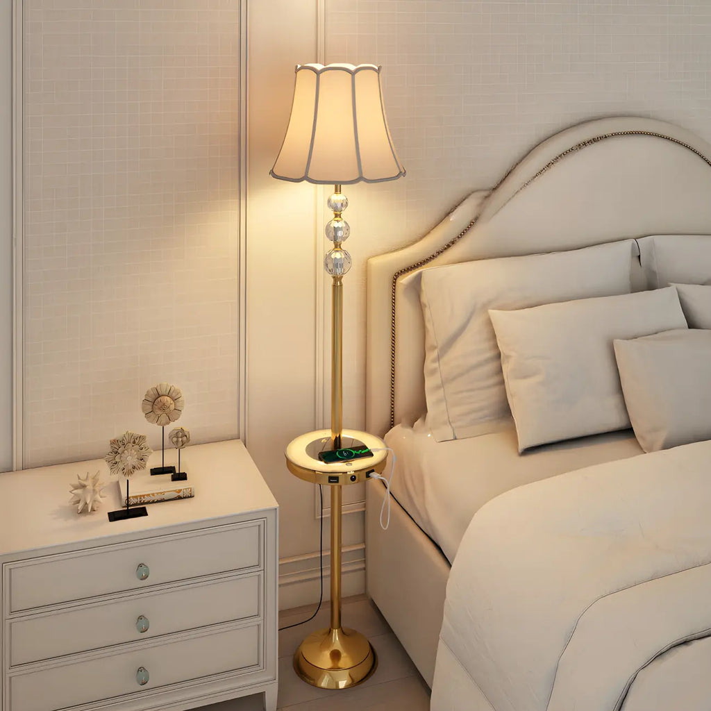 Modern Gold LED Floor Lamp with Round Shelf for Living Room