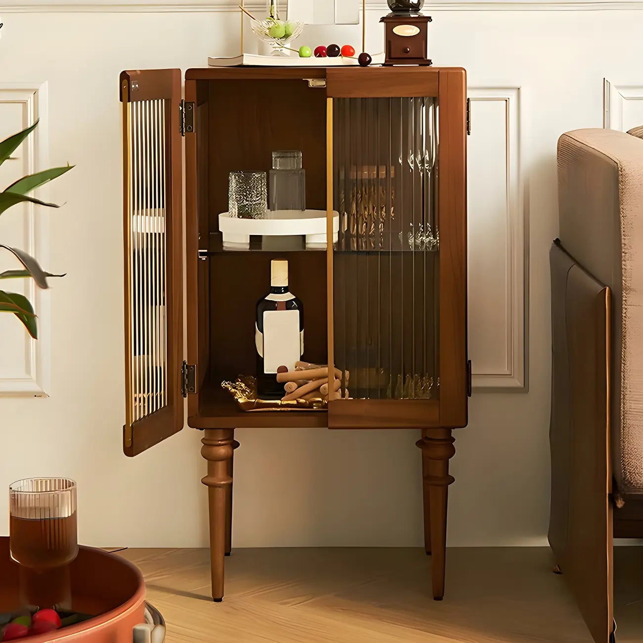 Mid-Century Modern Leggy Brown Wooden Glass Storage Cabinet