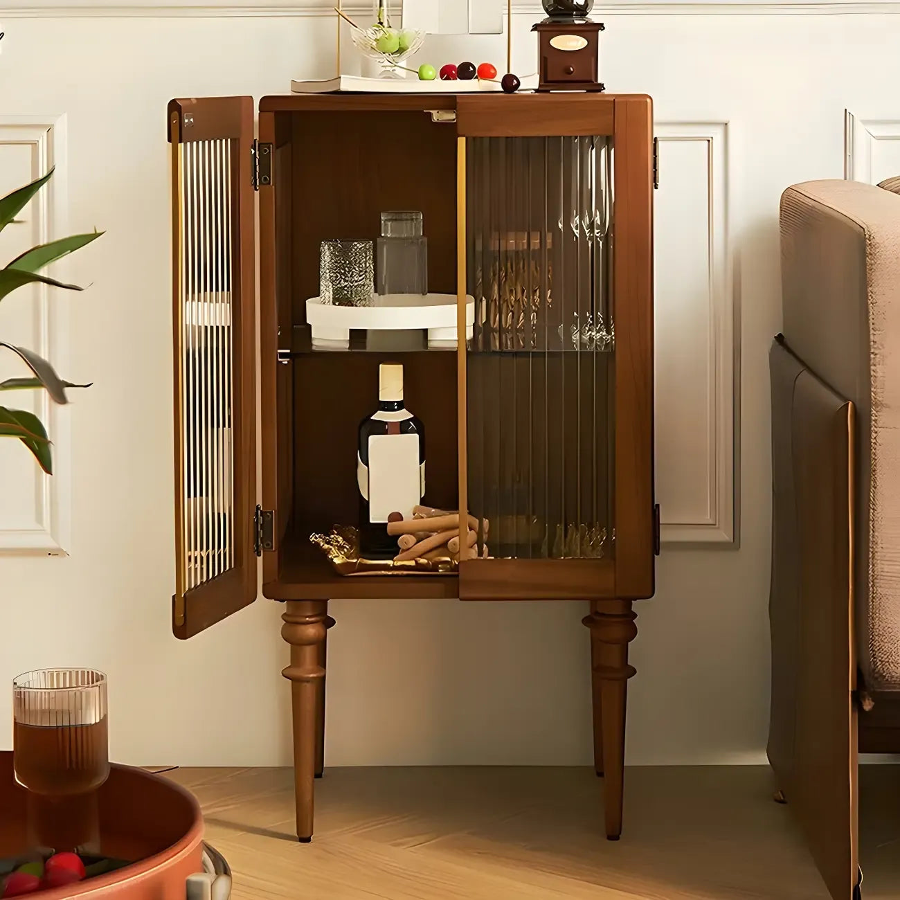 Mid-Century Modern Leggy Brown Wooden Glass Storage Cabinet
