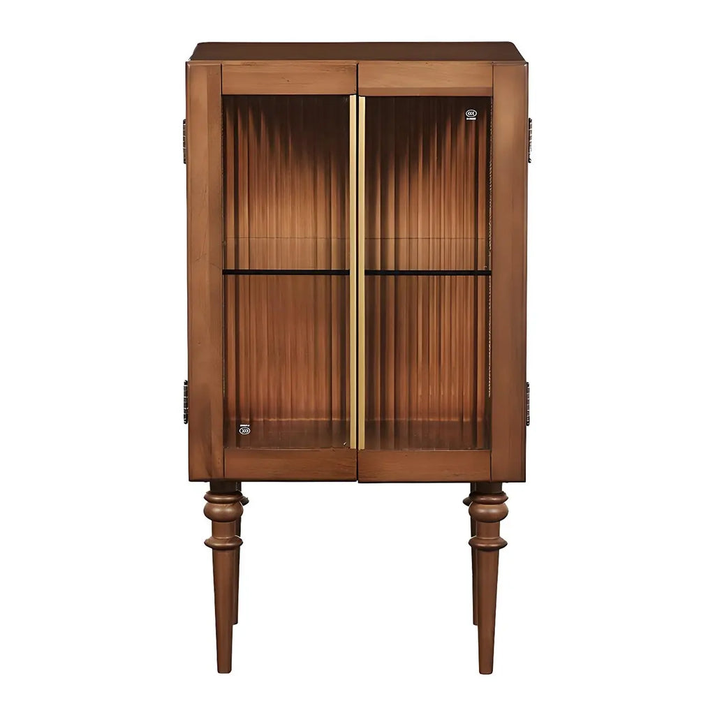 Mid-Century Modern Leggy Brown Wooden Glass Storage Cabinet