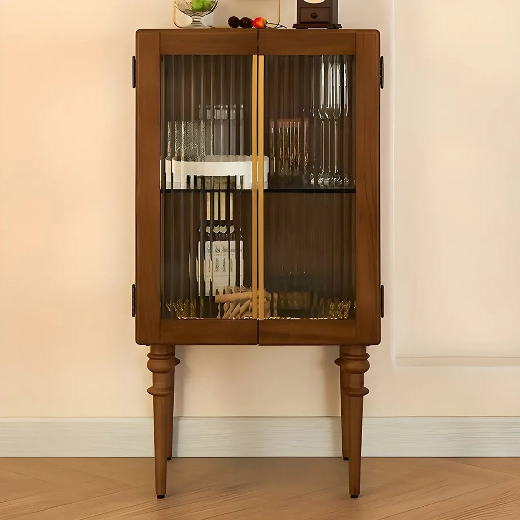 Mid-Century Modern Leggy Brown Wooden Glass Storage Cabinet