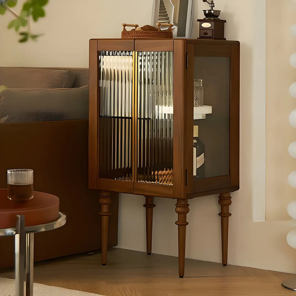 Mid-Century Modern Leggy Brown Wooden Glass Storage Cabinet