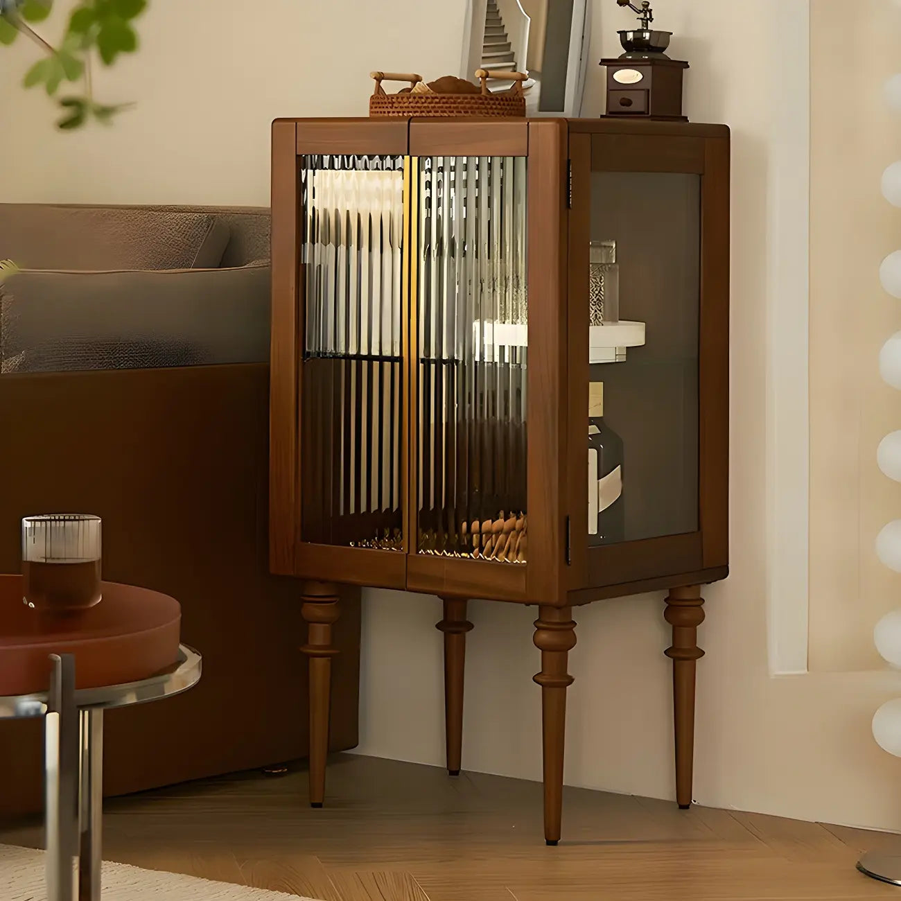 Mid-Century Modern Leggy Brown Wooden Glass Storage Cabinet