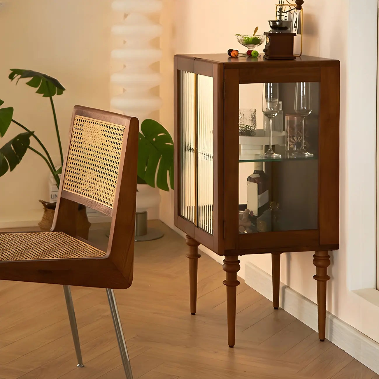Mid-Century Modern Leggy Brown Wooden Glass Storage Cabinet