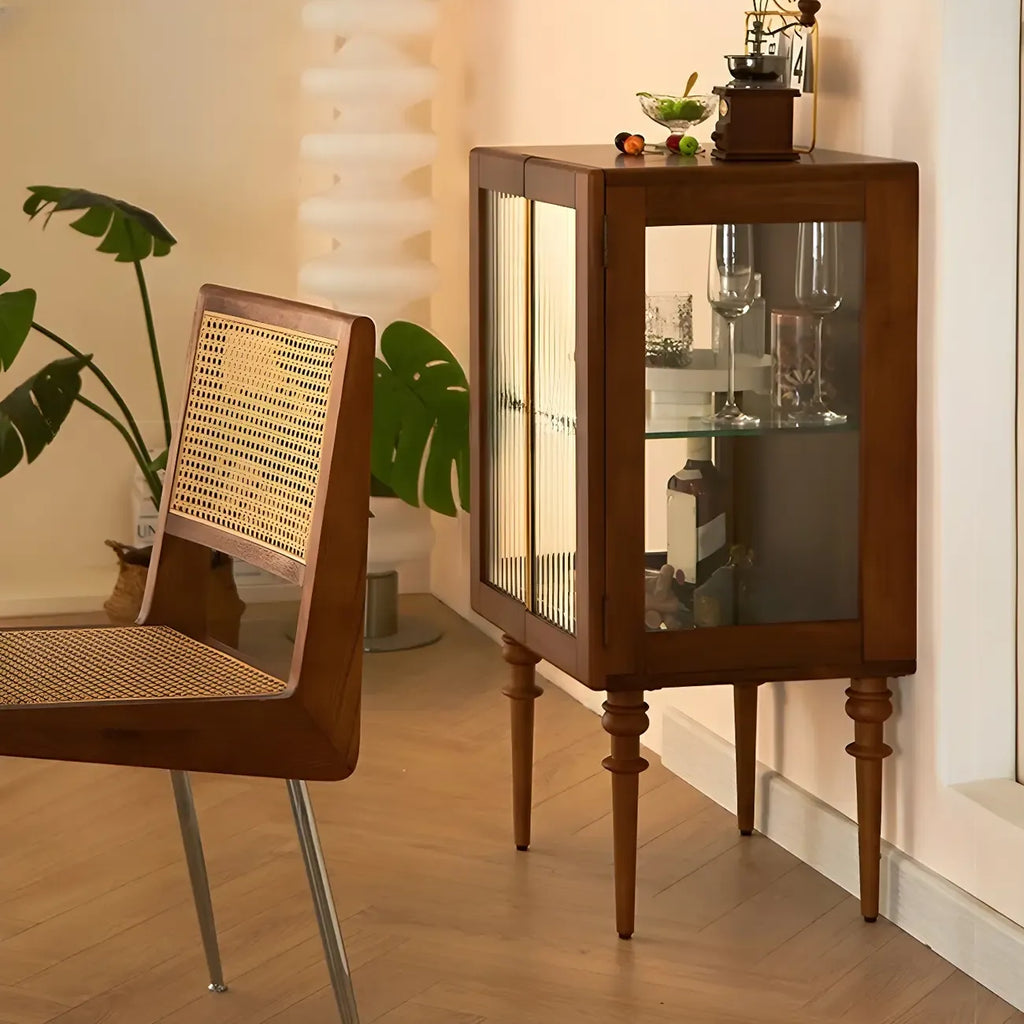 Mid-Century Modern Leggy Brown Wooden Glass Storage Cabinet
