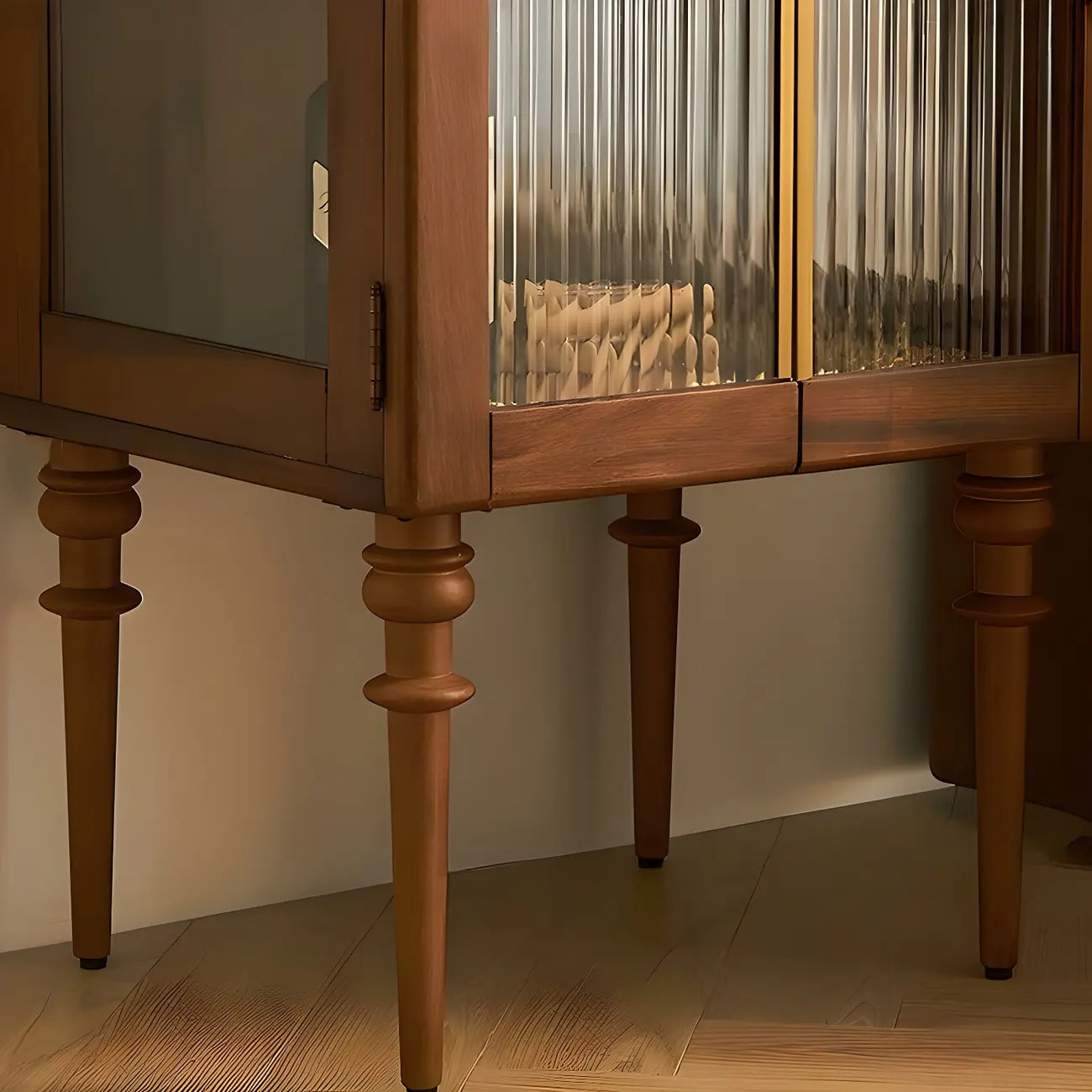 Mid-Century Modern Leggy Brown Wooden Glass Storage Cabinet