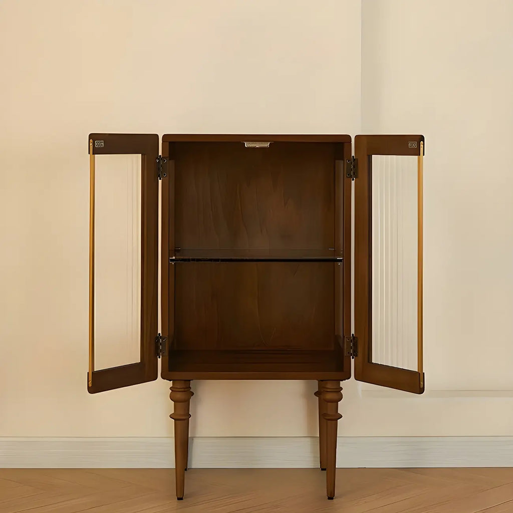Mid-Century Modern Leggy Brown Wooden Glass Storage Cabinet