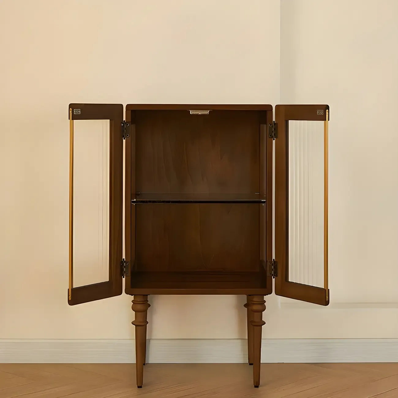 Mid-Century Modern Leggy Brown Wooden Glass Storage Cabinet
