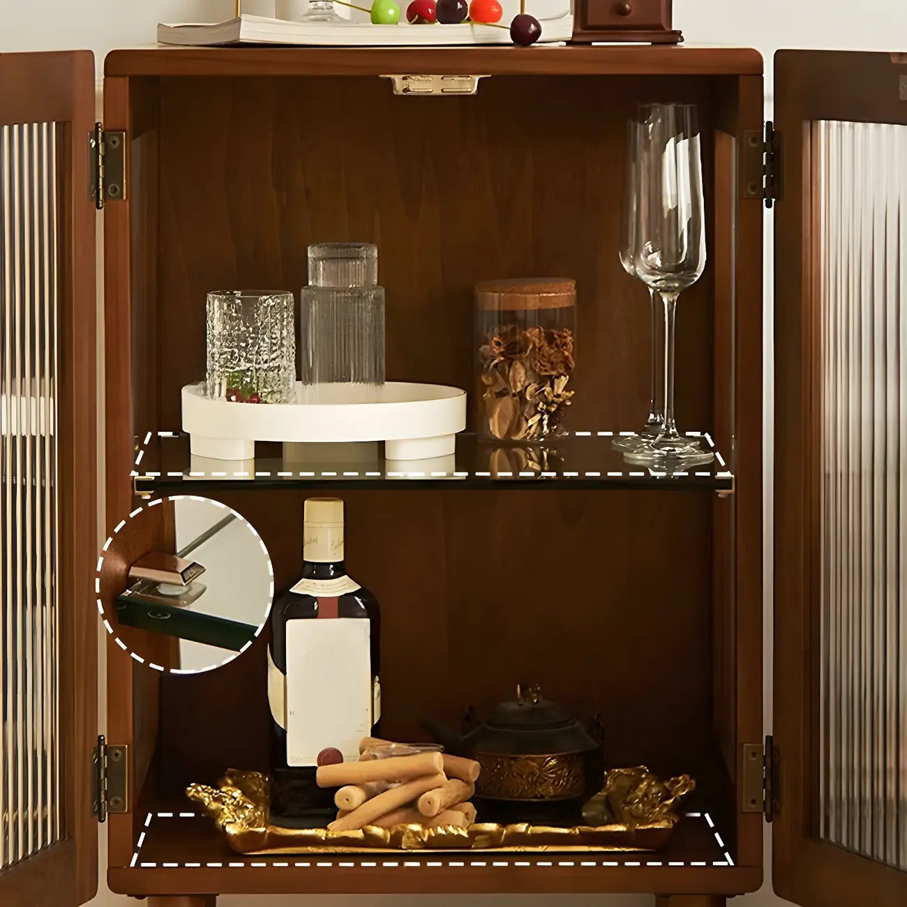 Mid-Century Modern Leggy Brown Wooden Glass Storage Cabinet