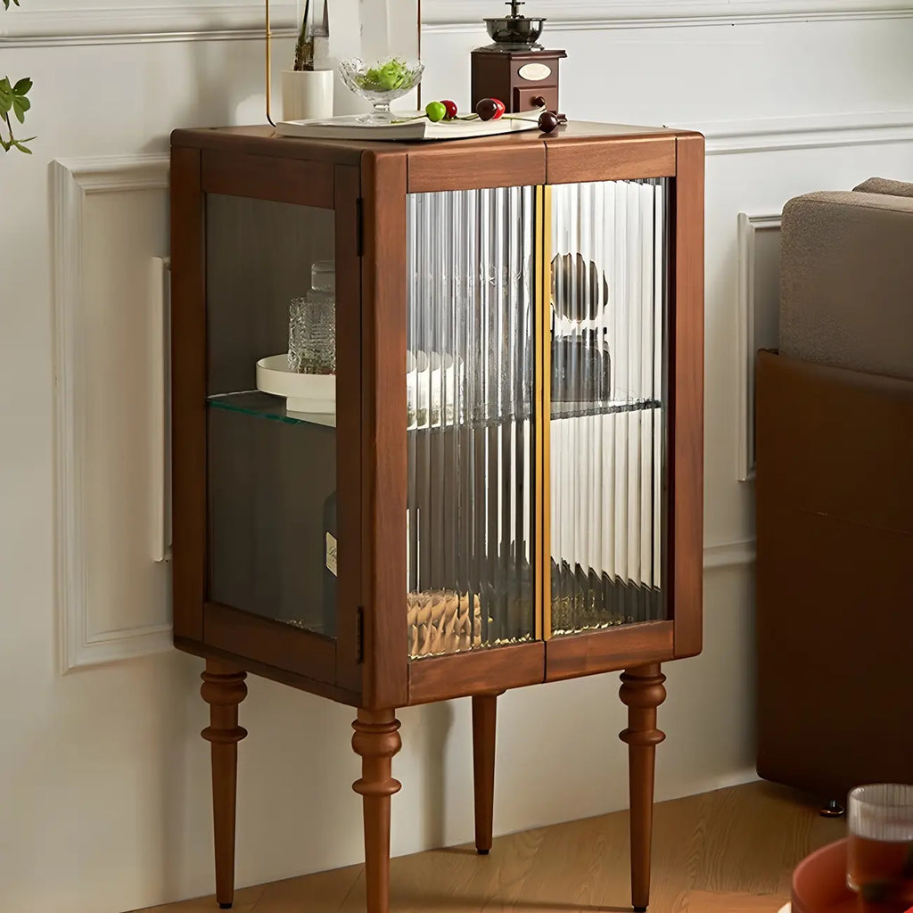 Mid-Century Modern Leggy Brown Wooden Glass Storage Cabinet