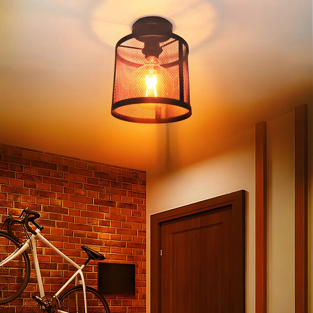 Industrial Black Iron Mesh Cylinder Semi Flush Ceiling Light