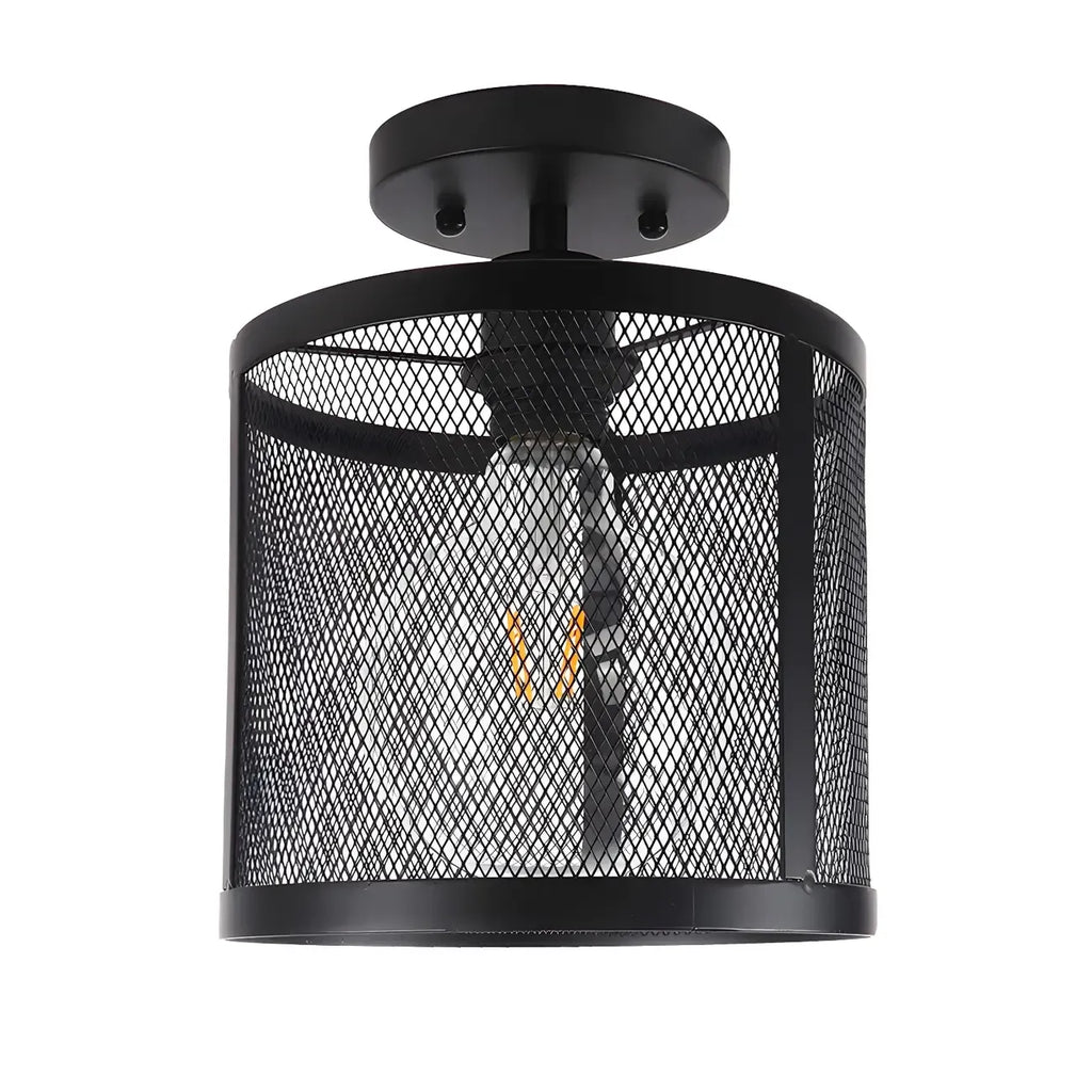 Industrial Black Iron Mesh Cylinder Semi Flush Ceiling Light
