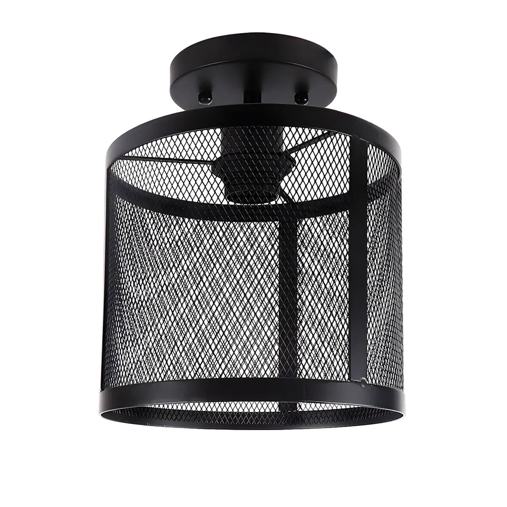Industrial Black Iron Mesh Cylinder Semi Flush Ceiling Light