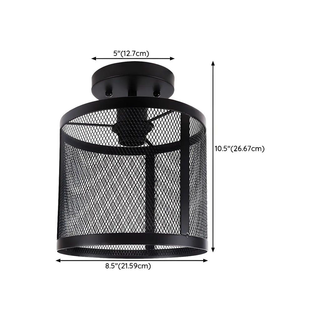 Industrial Black Iron Mesh Cylinder Semi Flush Ceiling Light