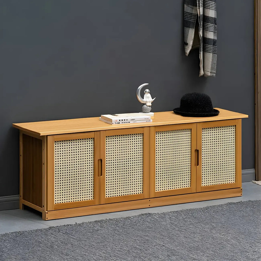 Bamboo Adjustable Shelves Shoe Storage with Rattan Doors