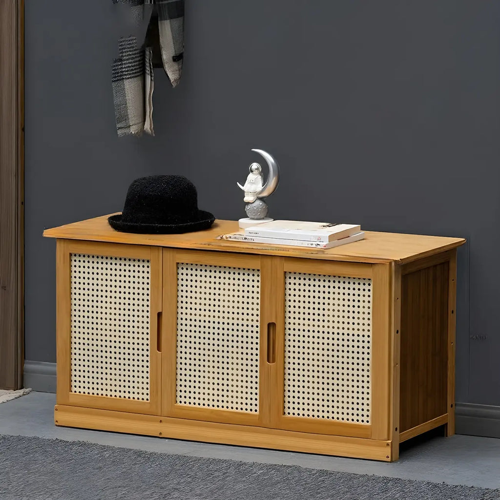 Bamboo Adjustable Shelves Shoe Storage with Rattan Doors