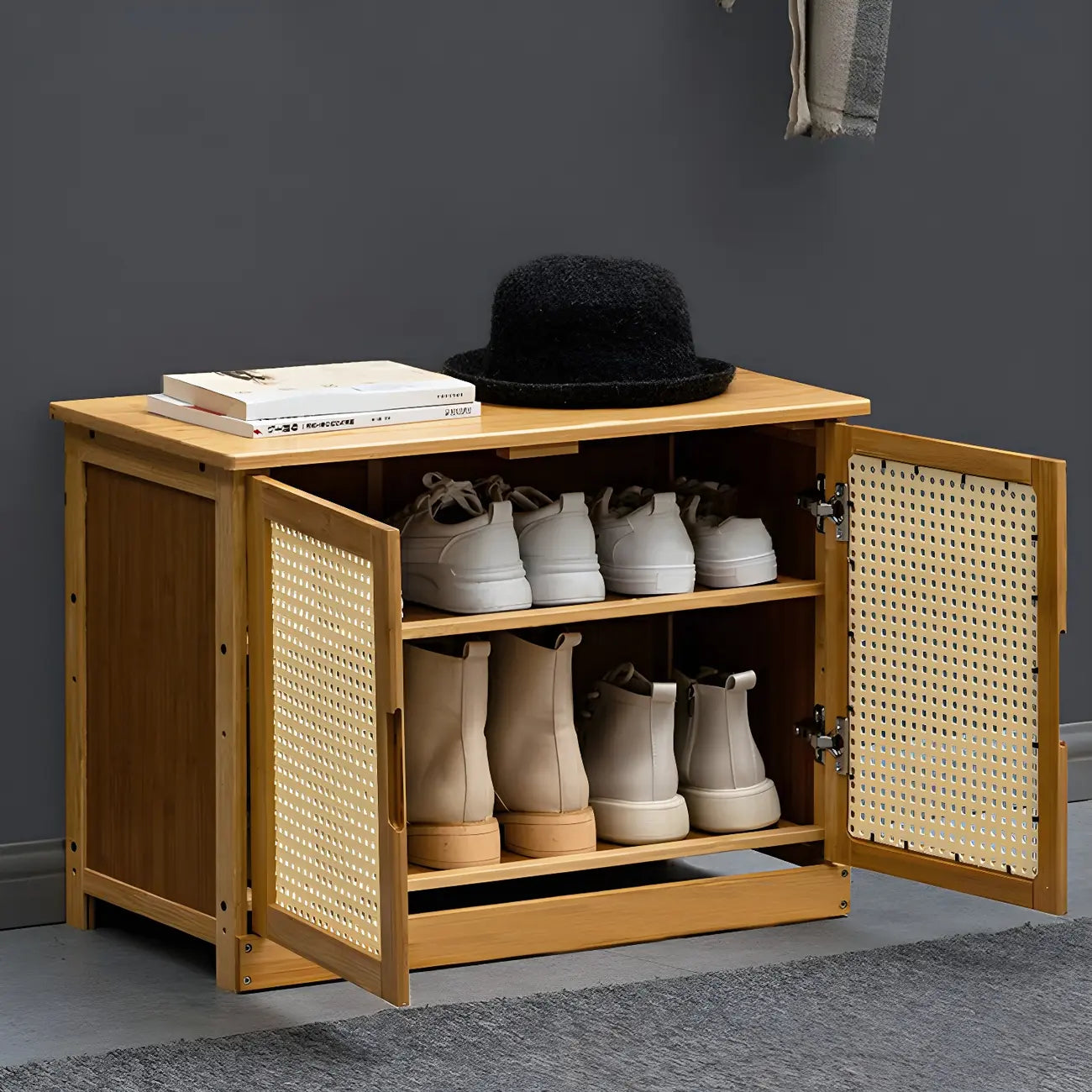 Bamboo Adjustable Shelves Shoe Storage with Rattan Doors