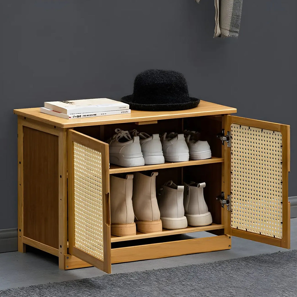 Bamboo Adjustable Shelves Shoe Storage with Rattan Doors