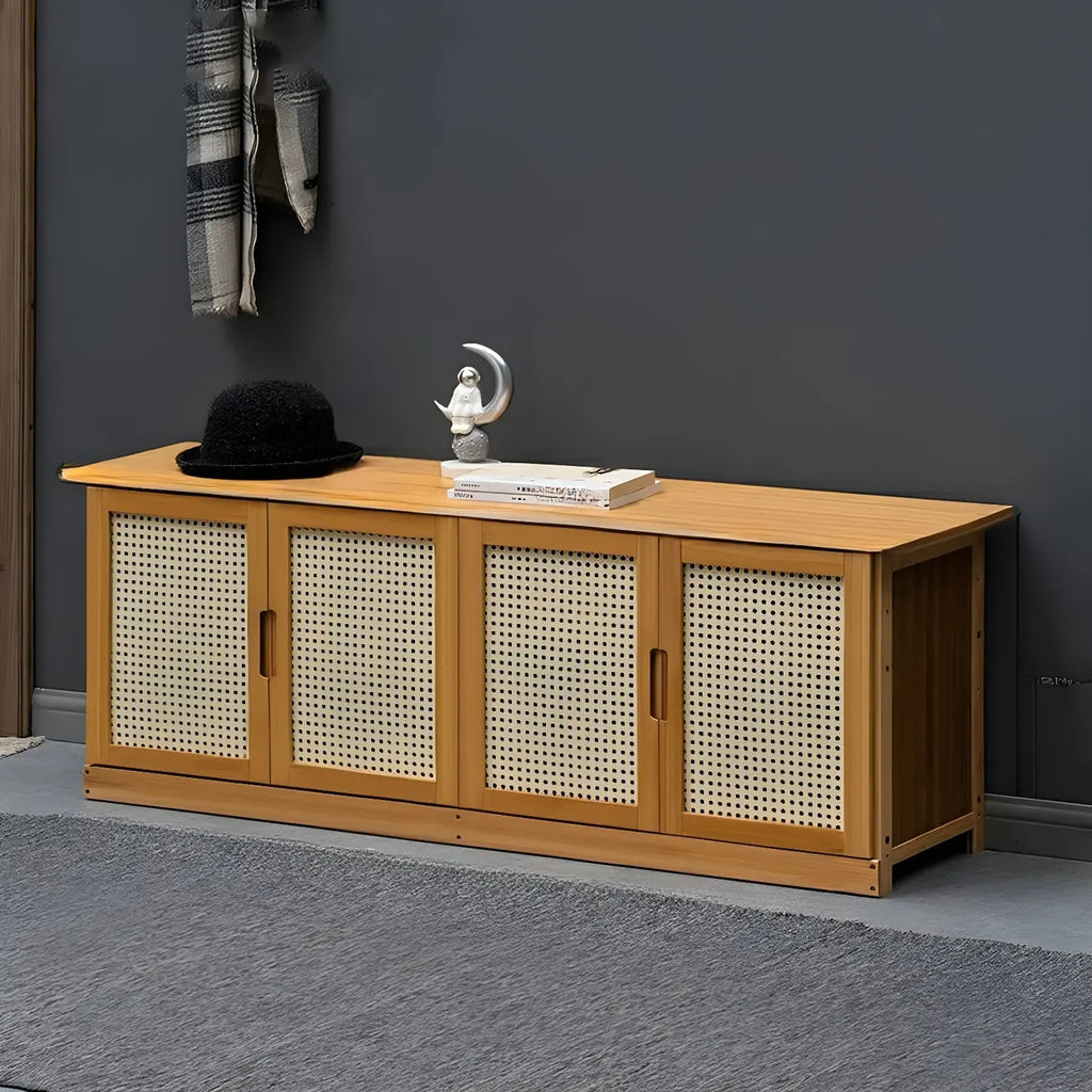 Bamboo Adjustable Shelves Shoe Storage with Rattan Doors