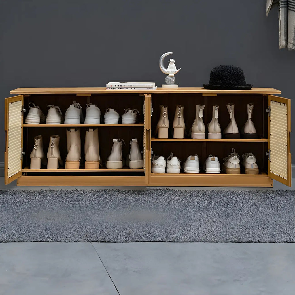 Bamboo Adjustable Shelves Shoe Storage with Rattan Doors