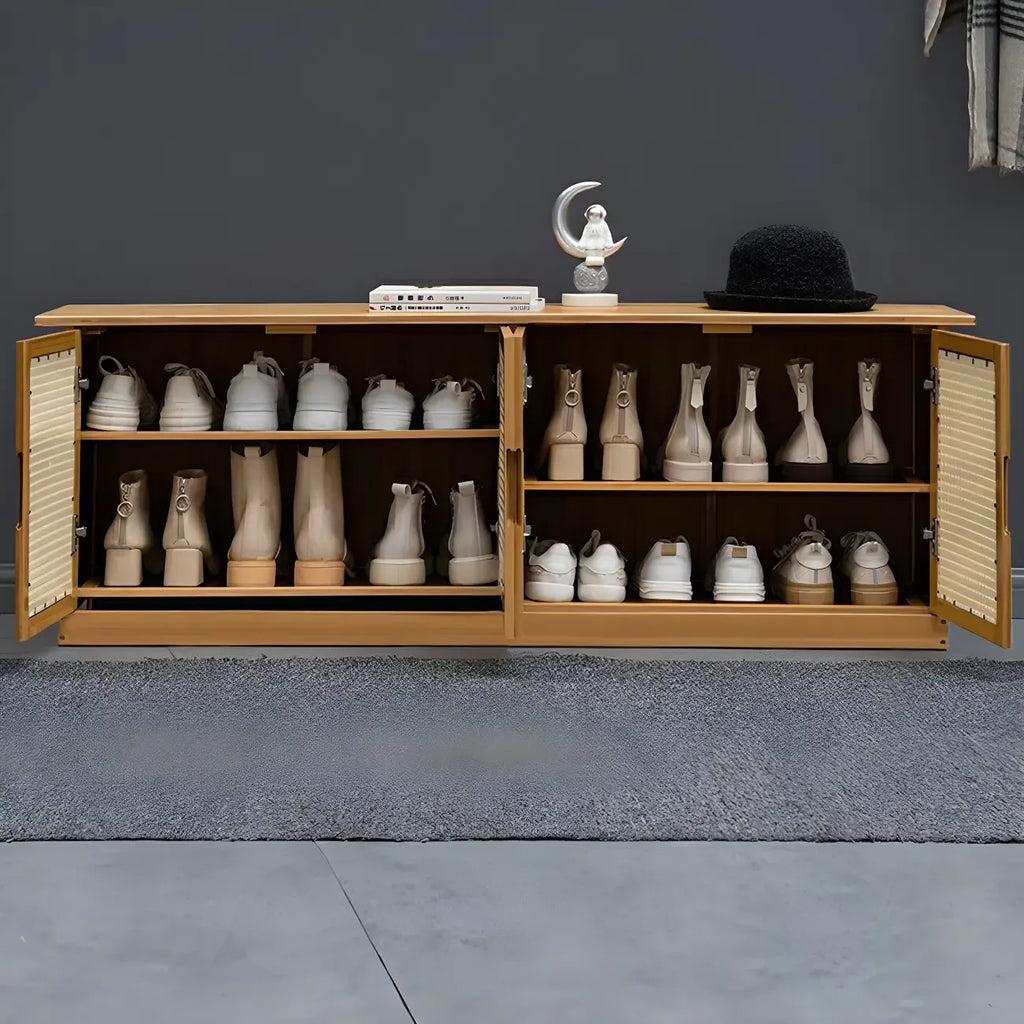 Bamboo Adjustable Shelves Shoe Storage with Rattan Doors