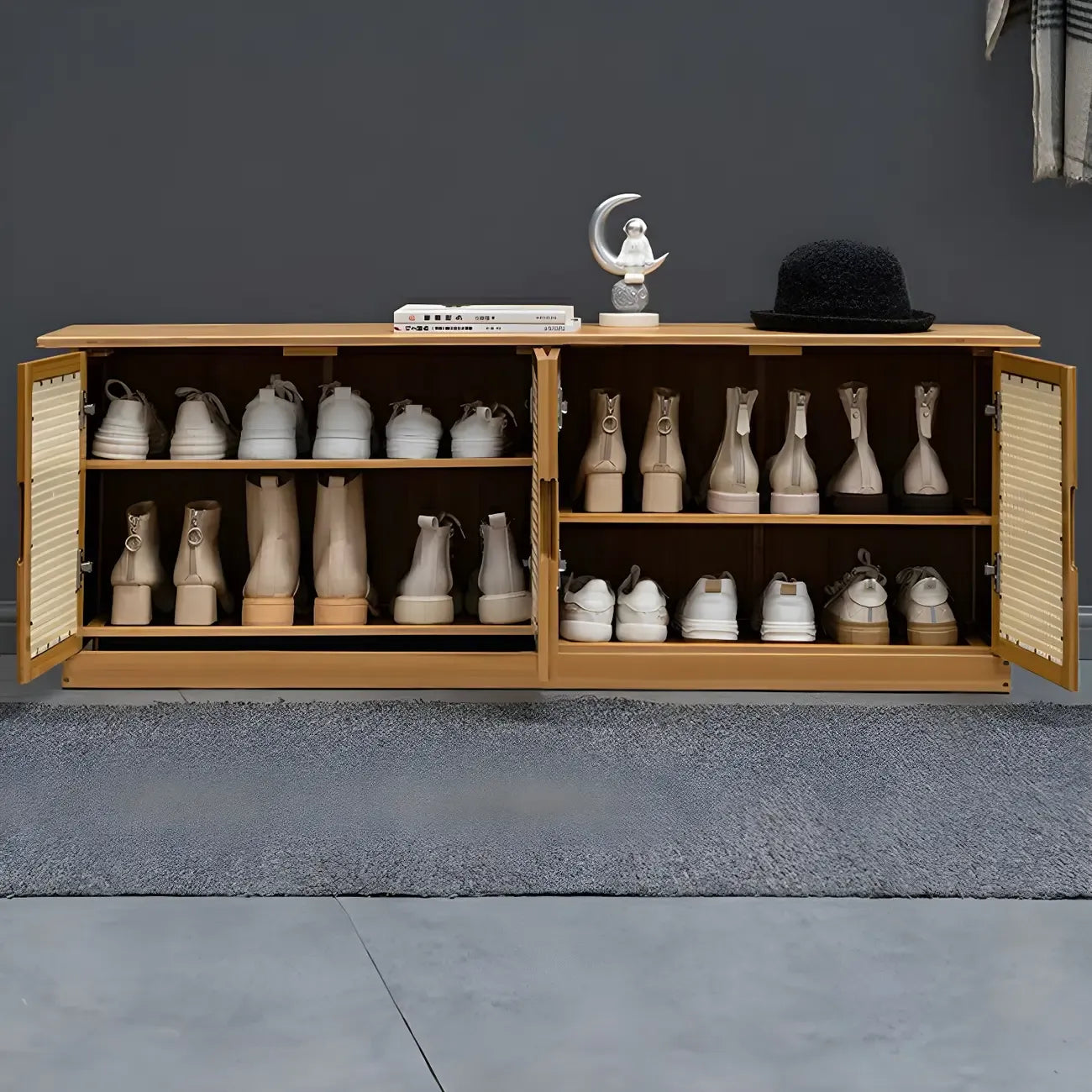 Bamboo Adjustable Shelves Shoe Storage with Rattan Doors