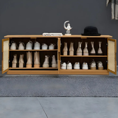 Bamboo Adjustable Shelves Shoe Storage with Rattan Doors