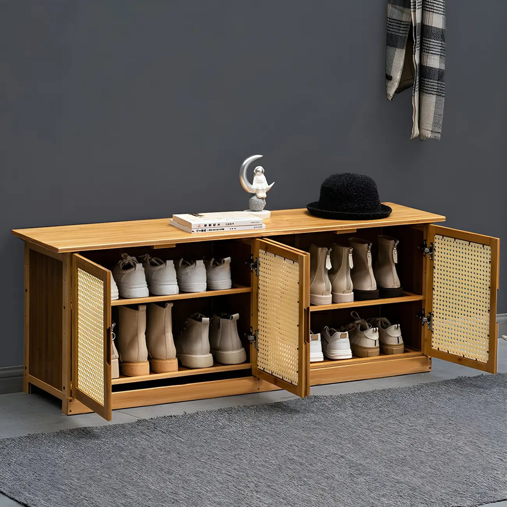 Bamboo Adjustable Shelves Shoe Storage with Rattan Doors